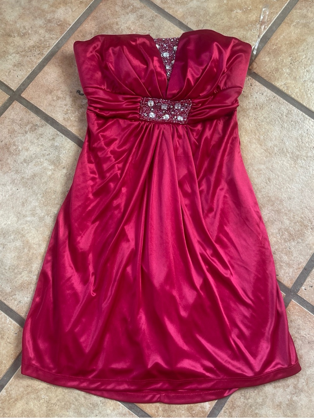 Sequin Hearts Strapless Satin draped Cocktail Y2K Dress in Ruby Red